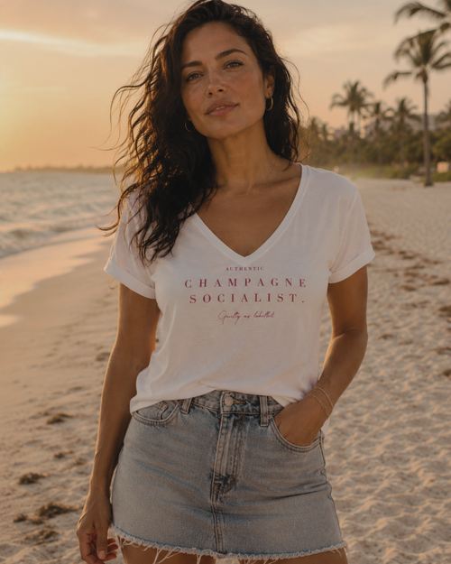 "AUTHENTIC CHAMPAGNE SOCIALIST." LADIES V-NECK SHIRT