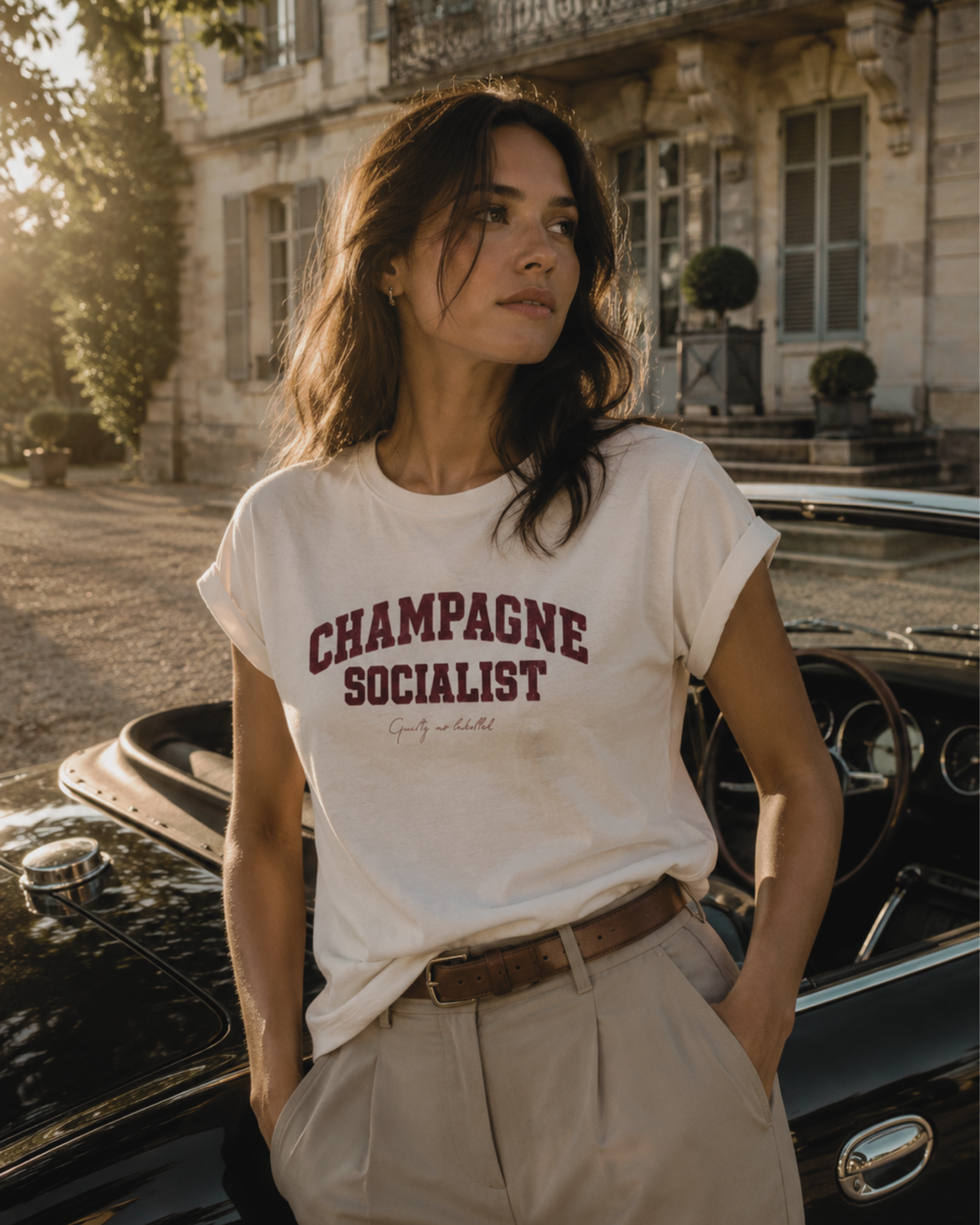 "CHAMPAGNE SOCIALIST" DISTRESSED, LADIES EXTENDED SHOULDER T- SHIRT