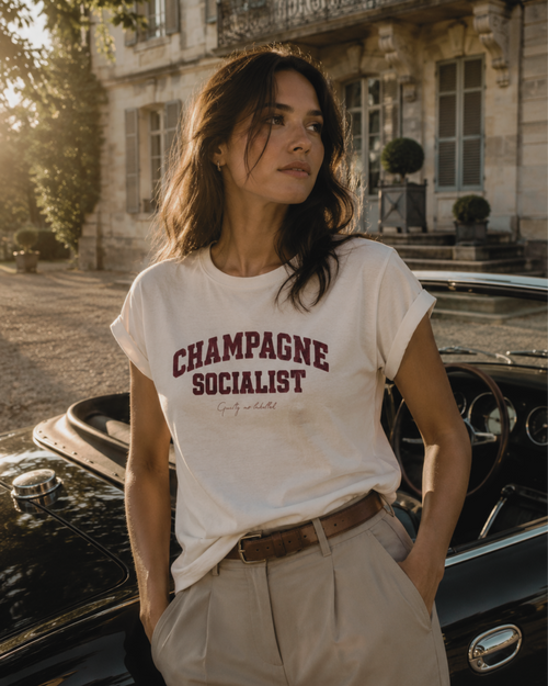 "CHAMPAGNE SOCIALIST" DISTRESSED, LADIES EXTENDED SHOULDER T- SHIRT