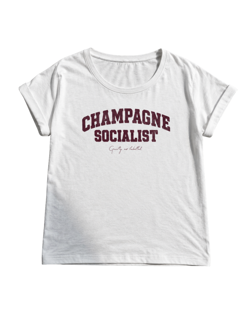 "CHAMPAGNE SOCIALIST" DISTRESSED, LADIES EXTENDED SHOULDER T- SHIRT