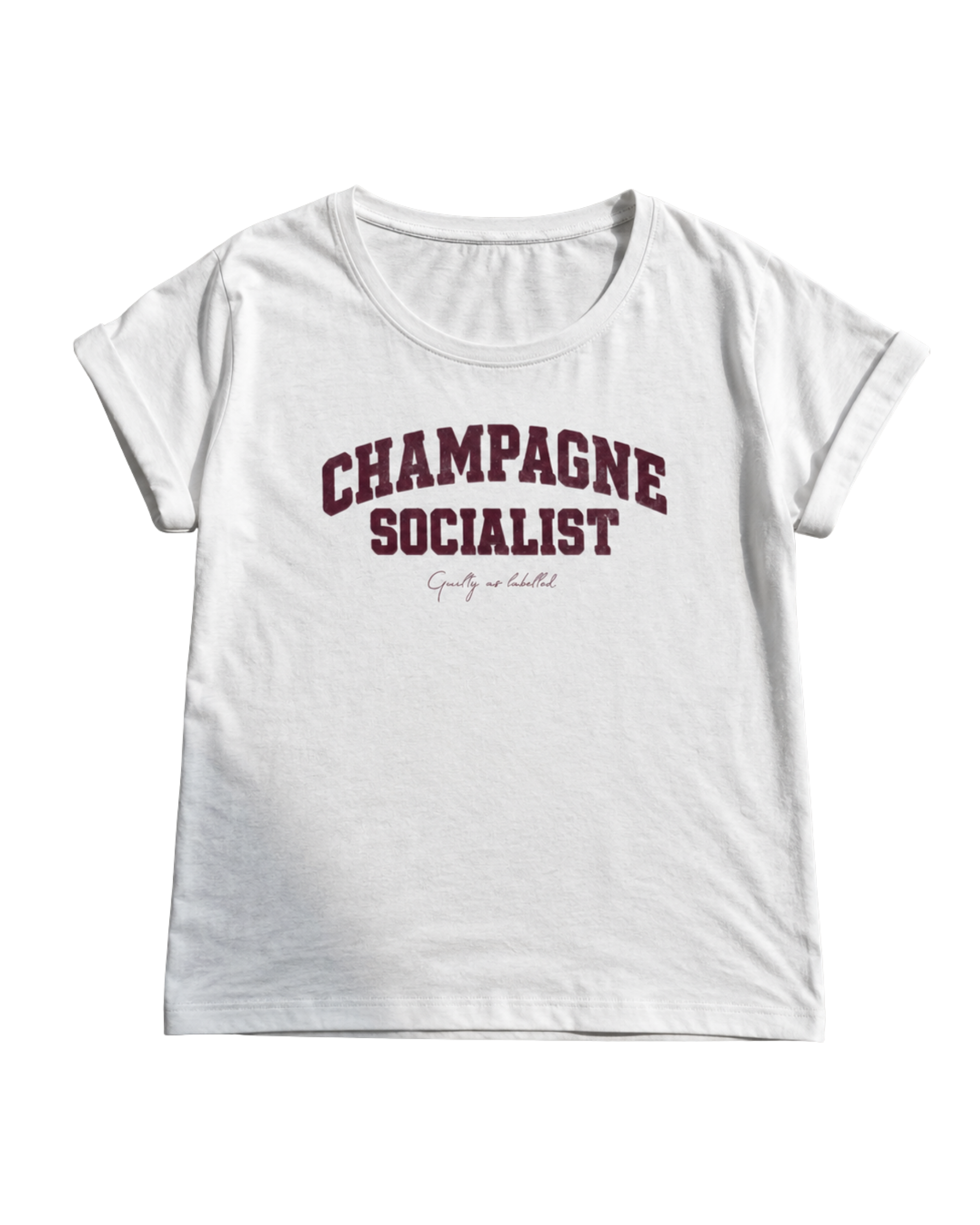 "CHAMPAGNE SOCIALIST" DISTRESSED, LADIES EXTENDED SHOULDER T- SHIRT