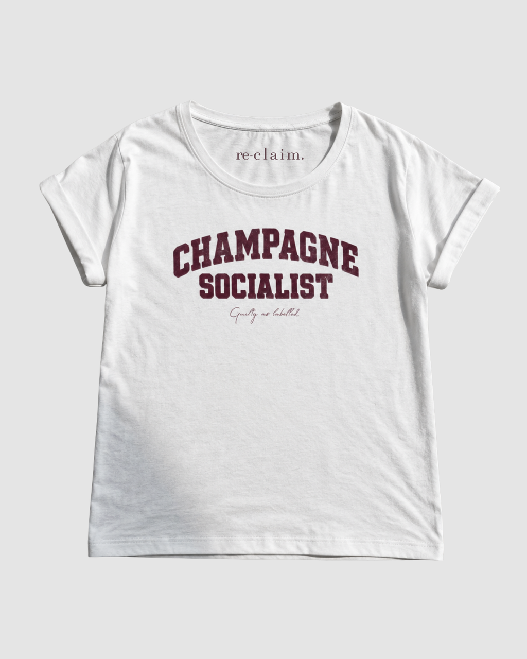 "CHAMPAGNE SOCIALIST" DISTRESSED, LADIES EXTENDED SHOULDER T- SHIRT
