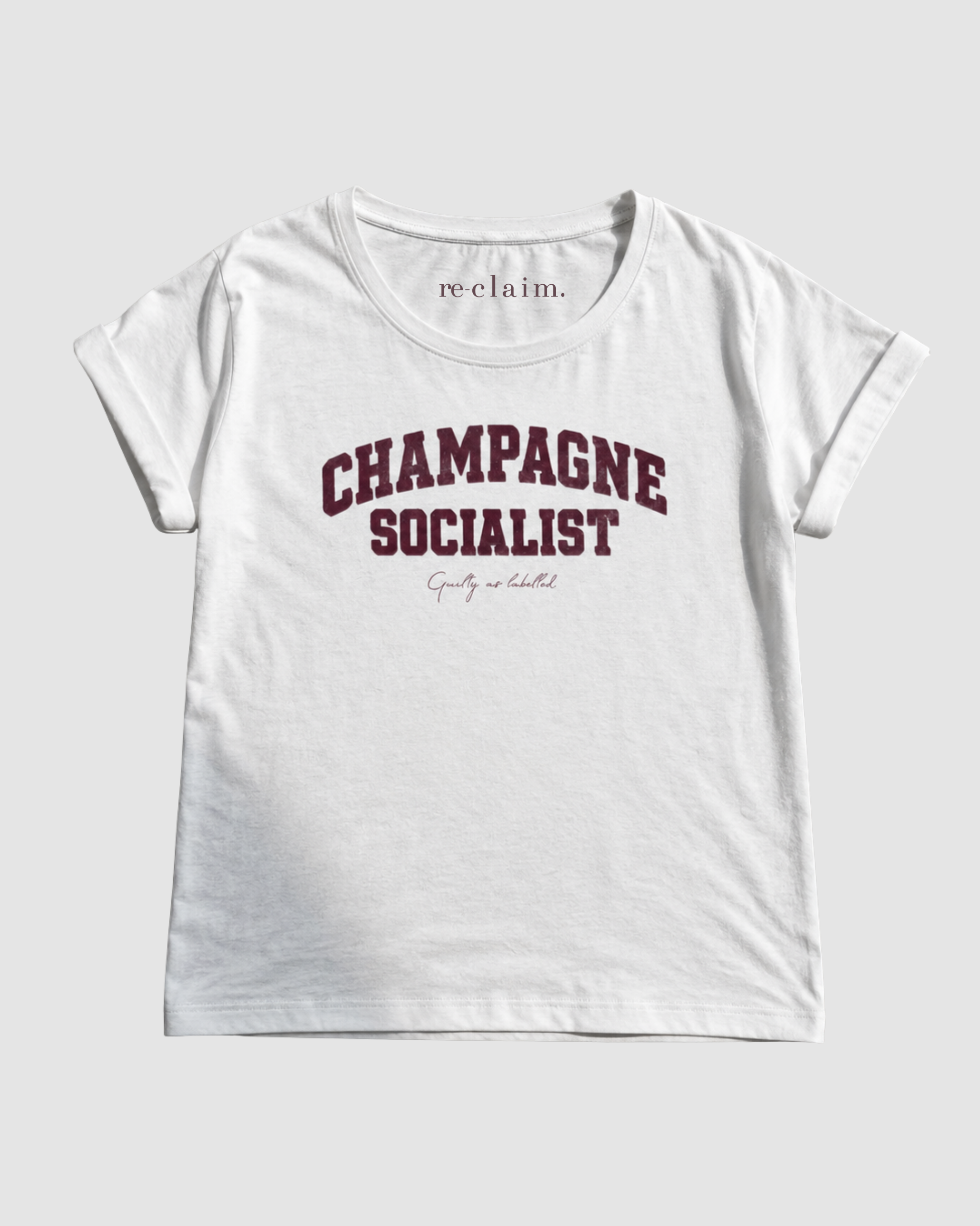 "CHAMPAGNE SOCIALIST" DISTRESSED, LADIES EXTENDED SHOULDER T- SHIRT