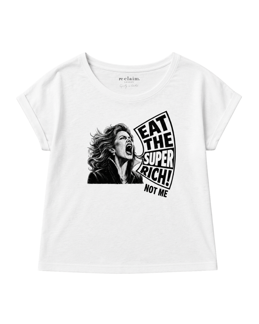 "EAT THE SUPER RICH" WOMENS EXTENDED SHOULDER T-SHIRT