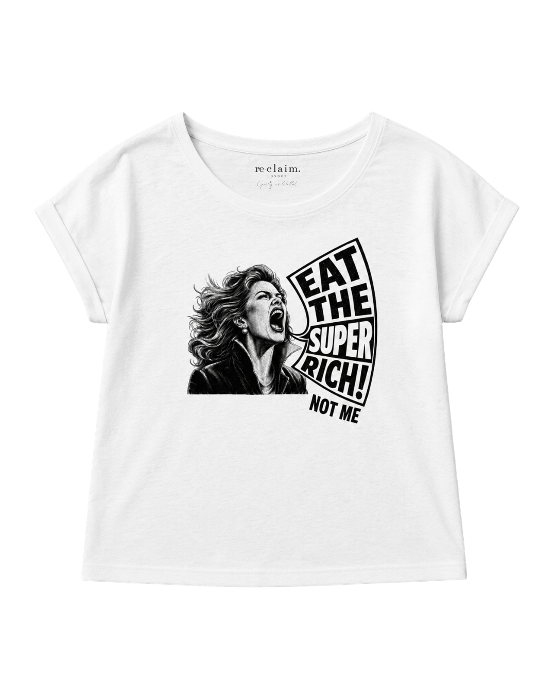 "EAT THE SUPER RICH" WOMENS EXTENDED SHOULDER T-SHIRT