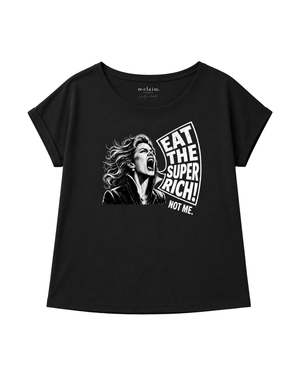 "EAT THE SUPER RICH" WOMENS EXTENDED SHOULDER T-SHIRT