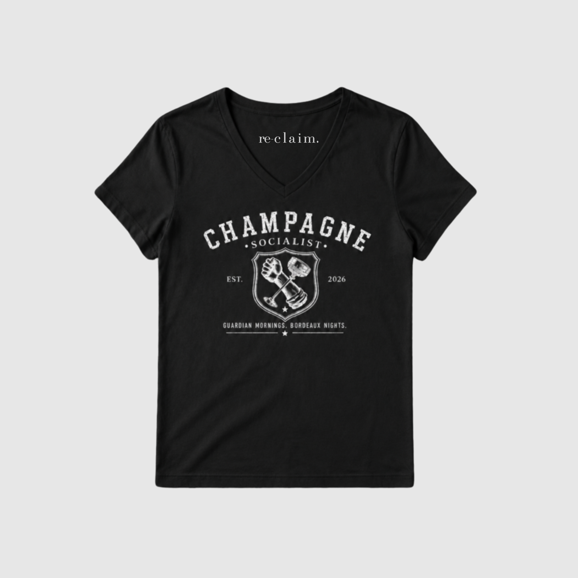 "CHAMPAGNE SOCIALIST - GUARDIAN MORNINGS, BORDEAUX NIGHTS" MENS V-NECK SHIRT