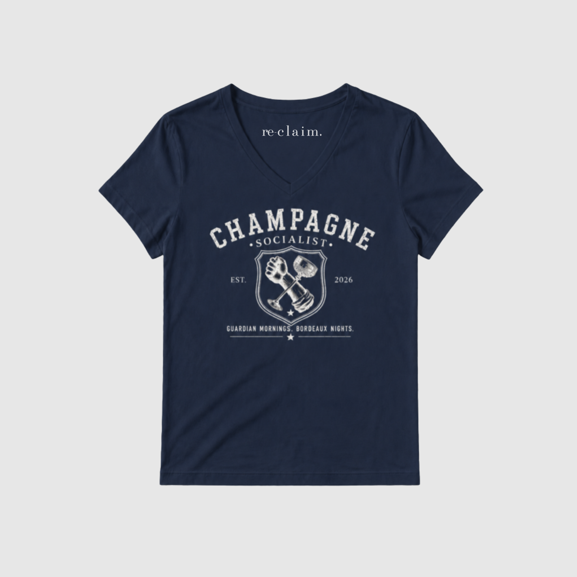 "CHAMPAGNE SOCIALIST - GUARDIAN MORNINGS, BORDEAUX NIGHTS" MENS V-NECK SHIRT