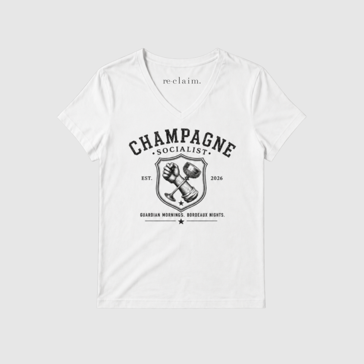 "CHAMPAGNE SOCIALIST - GUARDIAN MORNINGS, BORDEAUX NIGHTS" MENS V-NECK SHIRT