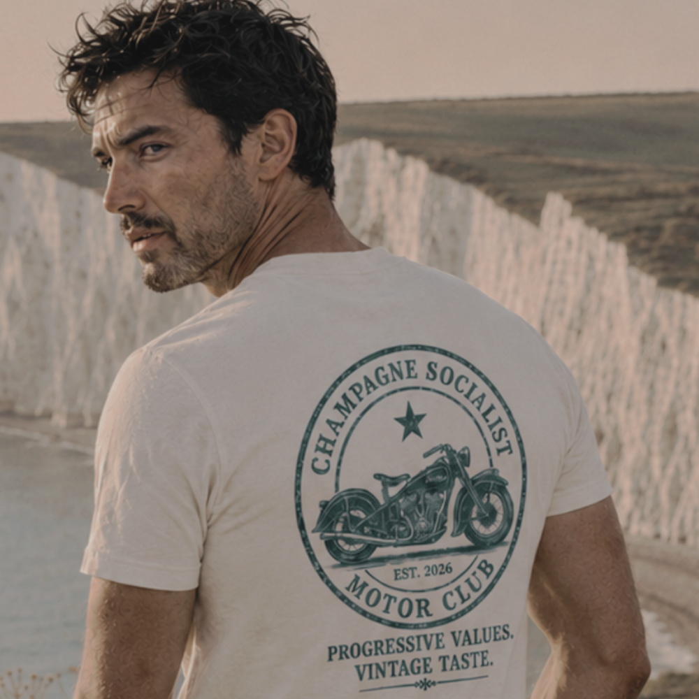 "CHAMPAGNE SOCIALIST MOTOR CLUB"  ORGANIC BACK-PRINT SHIRT