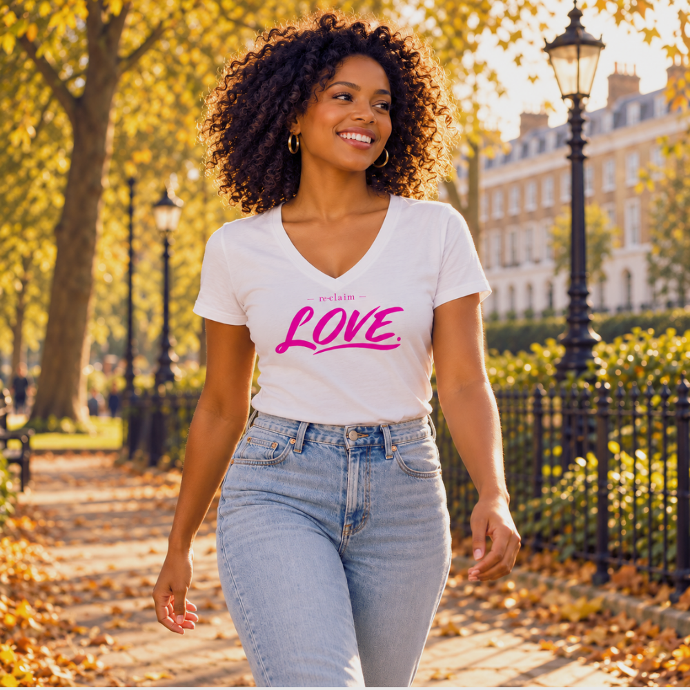 "RE-CLAIM LOVE" ORGANIC WOMEN V-NECK SHIRT - Ladies V-Neck Shirt