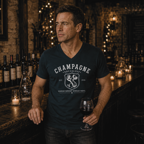 "CHAMPAGNE SOCIALIST - GUARDIAN MORNINGS, BORDEAUX NIGHTS" MENS V-NECK SHIRT