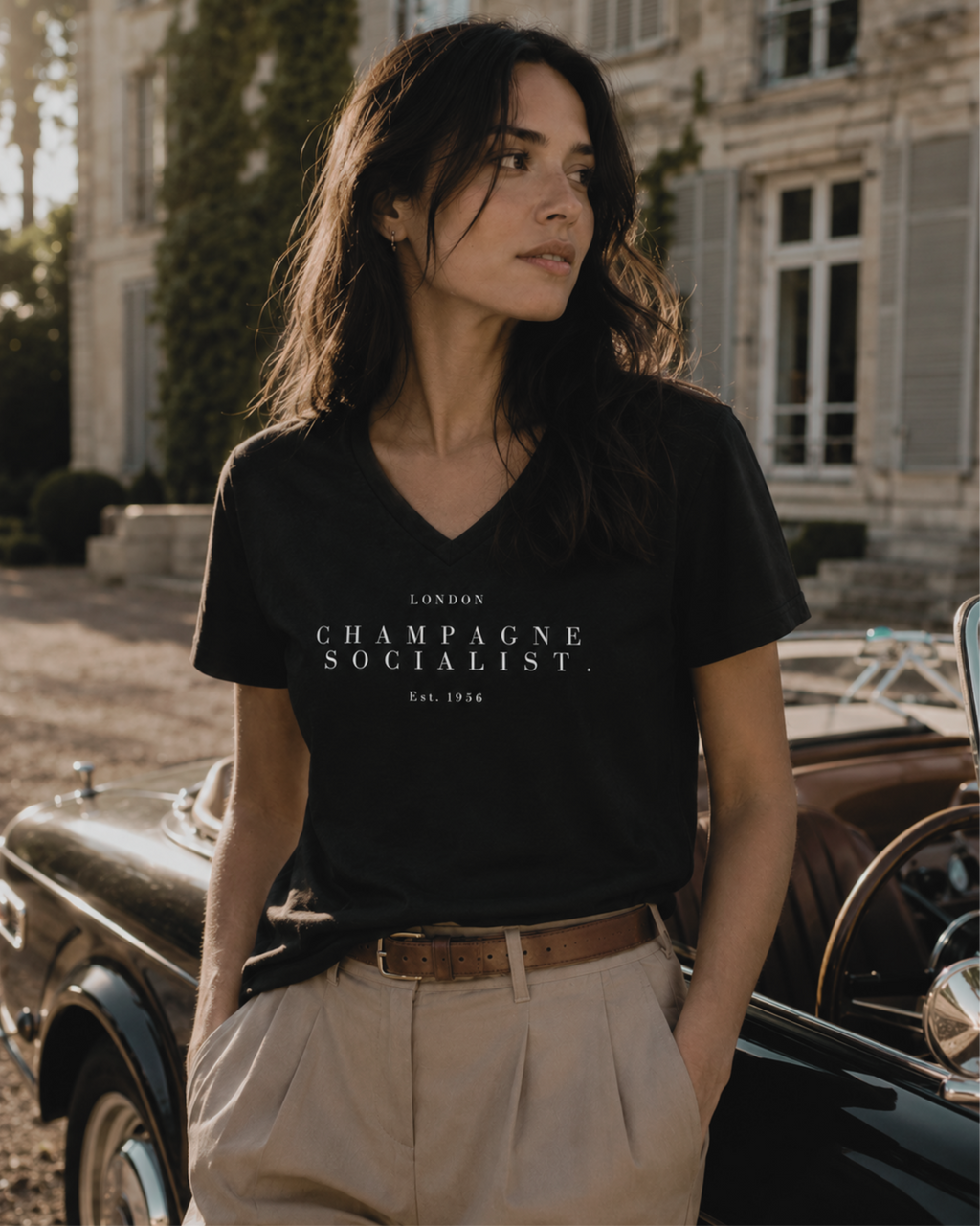 "CHAMPAGNE SOCIALIST." LADIES V-NECK SHIRT
