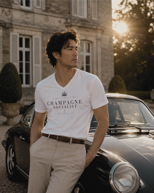 "CHAMPAGNE SOCIALIST" MENS V-NECK SHIRT