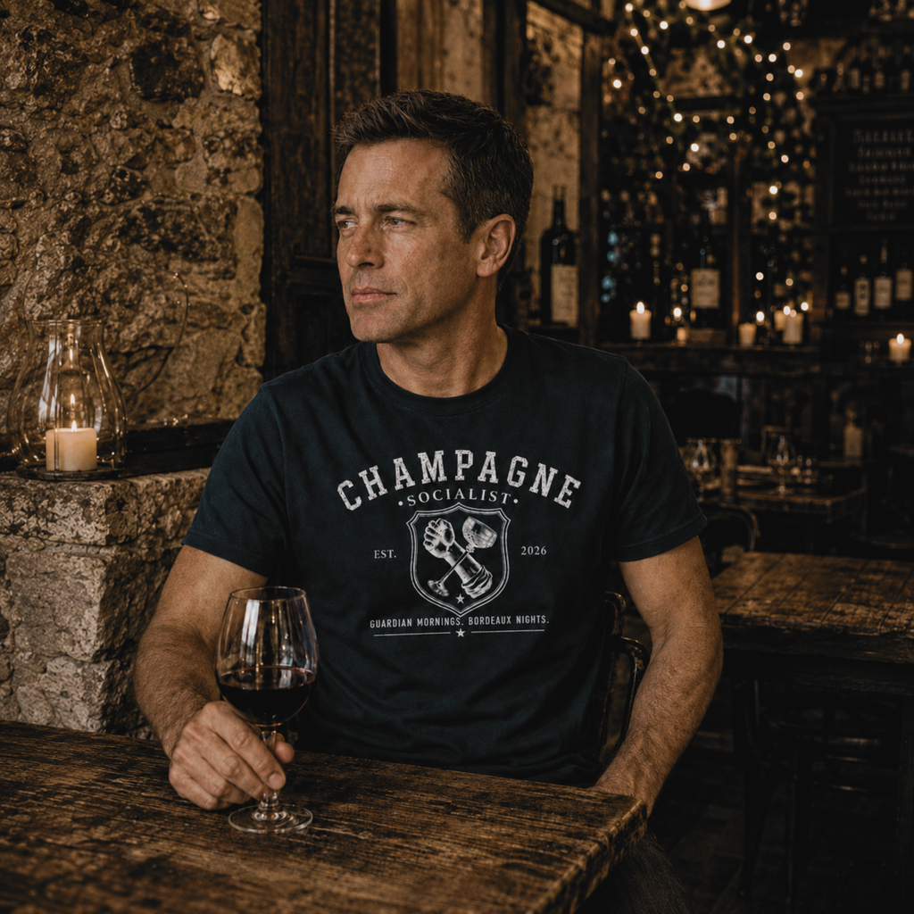 "CHAMPAGNE SOCIALIST - GUARDIAN MORNINGS, BORDEAUX NIGHTS" T-SHIRT