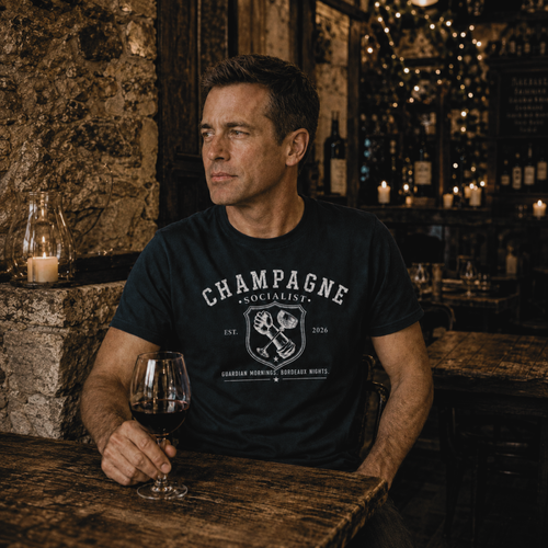 "CHAMPAGNE SOCIALIST - GUARDIAN MORNINGS, BORDEAUX NIGHTS" T-SHIRT
