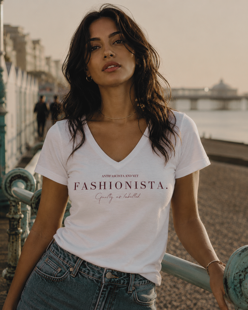 "ANTIFASCISTA AND YET FASHIONISTA."  LADIES V-NECK SHIRT