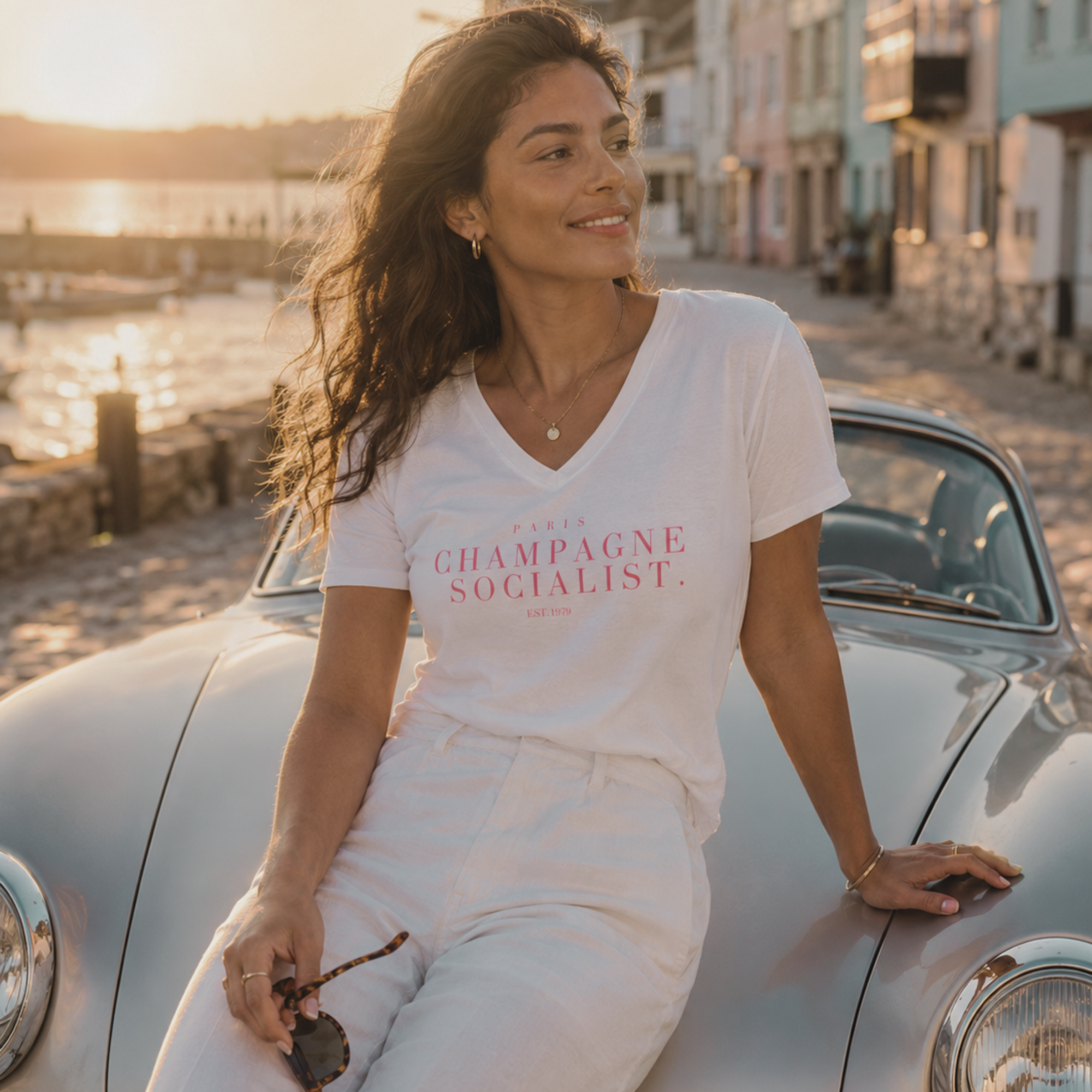 "PARIS CHAMPAGNE SOCIALIST." LADIES V-NECK SHIRT
