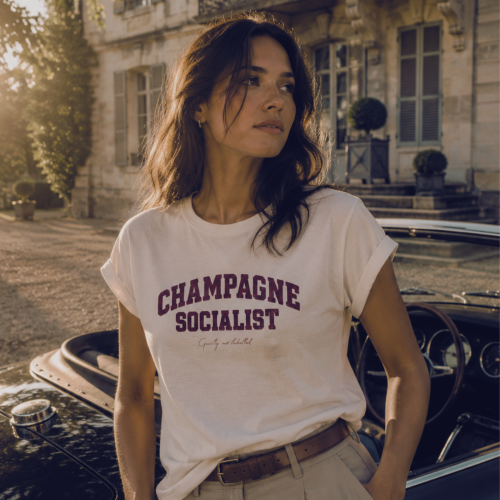 "CHAMPAGNE SOCIALIST" DISTRESSED, LADIES EXTENDED SHOULDER T- SHIRT
