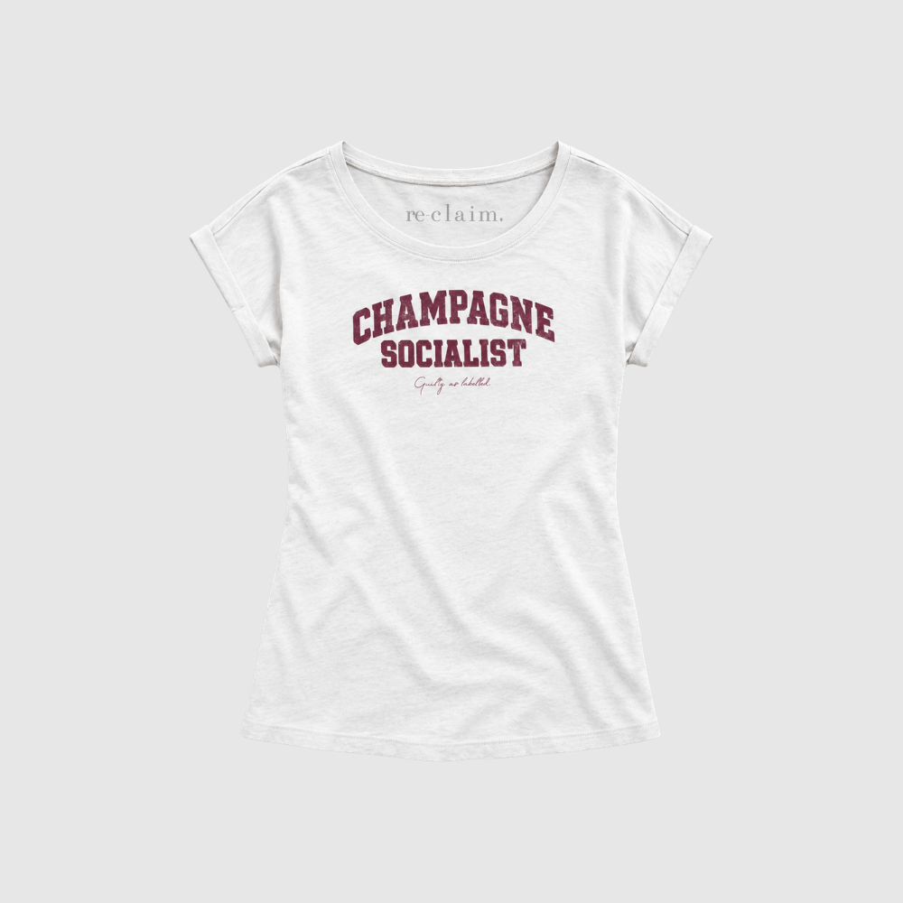 "CHAMPAGNE SOCIALIST" DISTRESSED, LADIES EXTENDED SHOULDER T- SHIRT