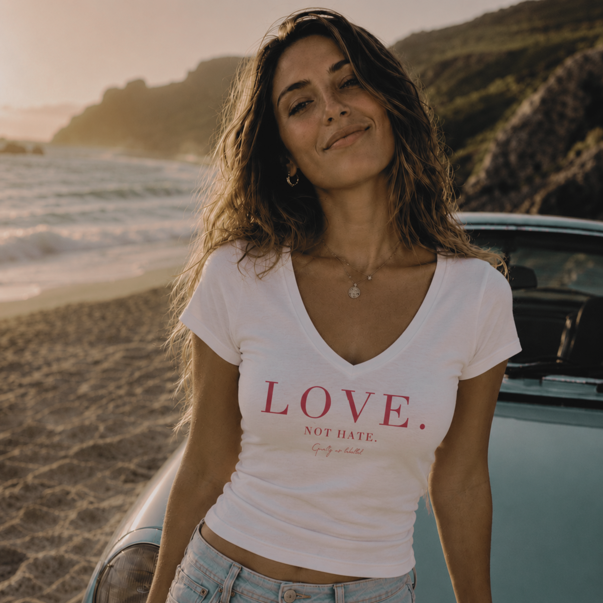 "LOVE. NOT HATE." LADIES V-NECK SHIRT