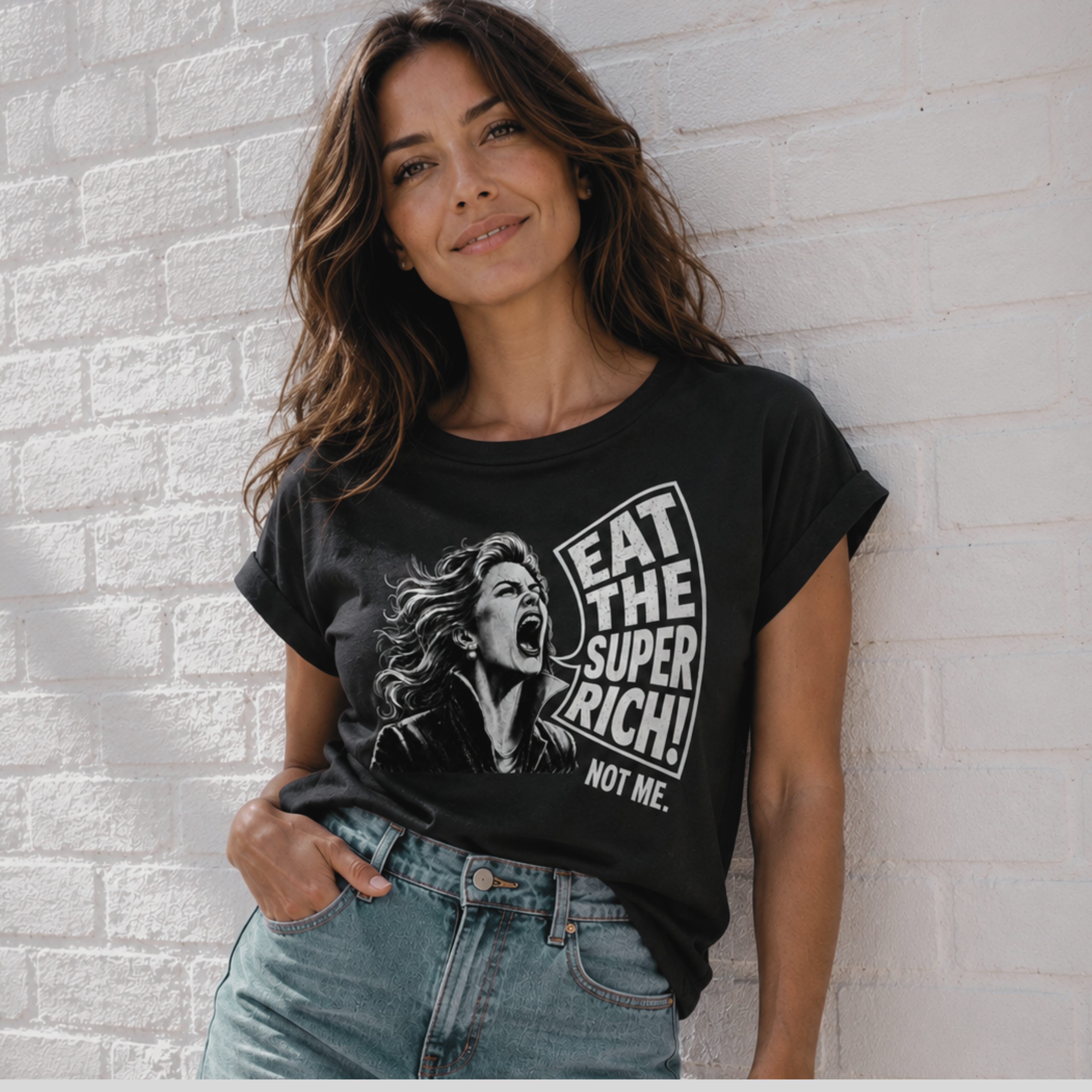 "EAT THE SUPER RICH" WOMENS EXTENDED SHOULDER T-SHIRT